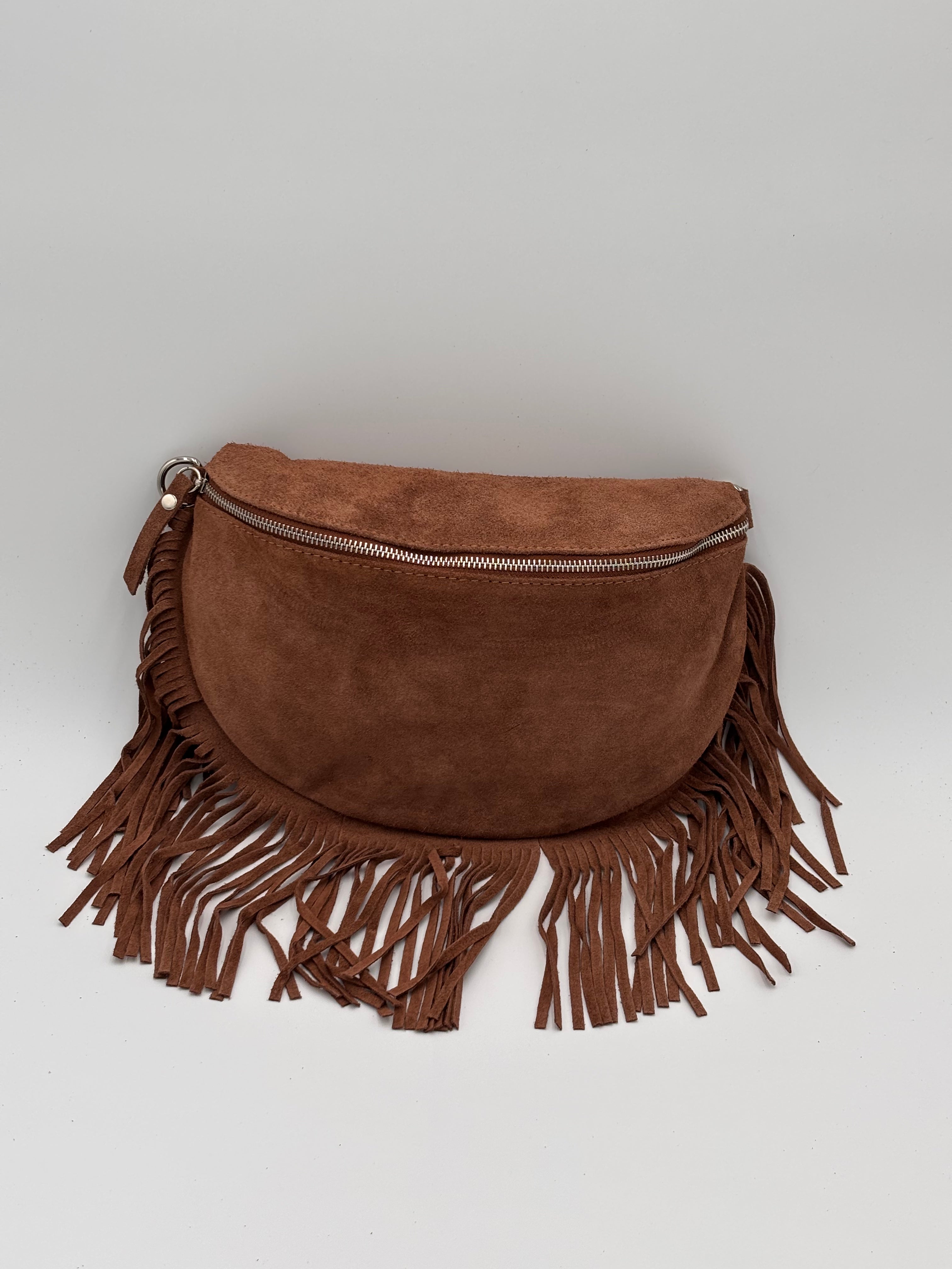 Bolsa de cintura e ombro em camurça com franjas