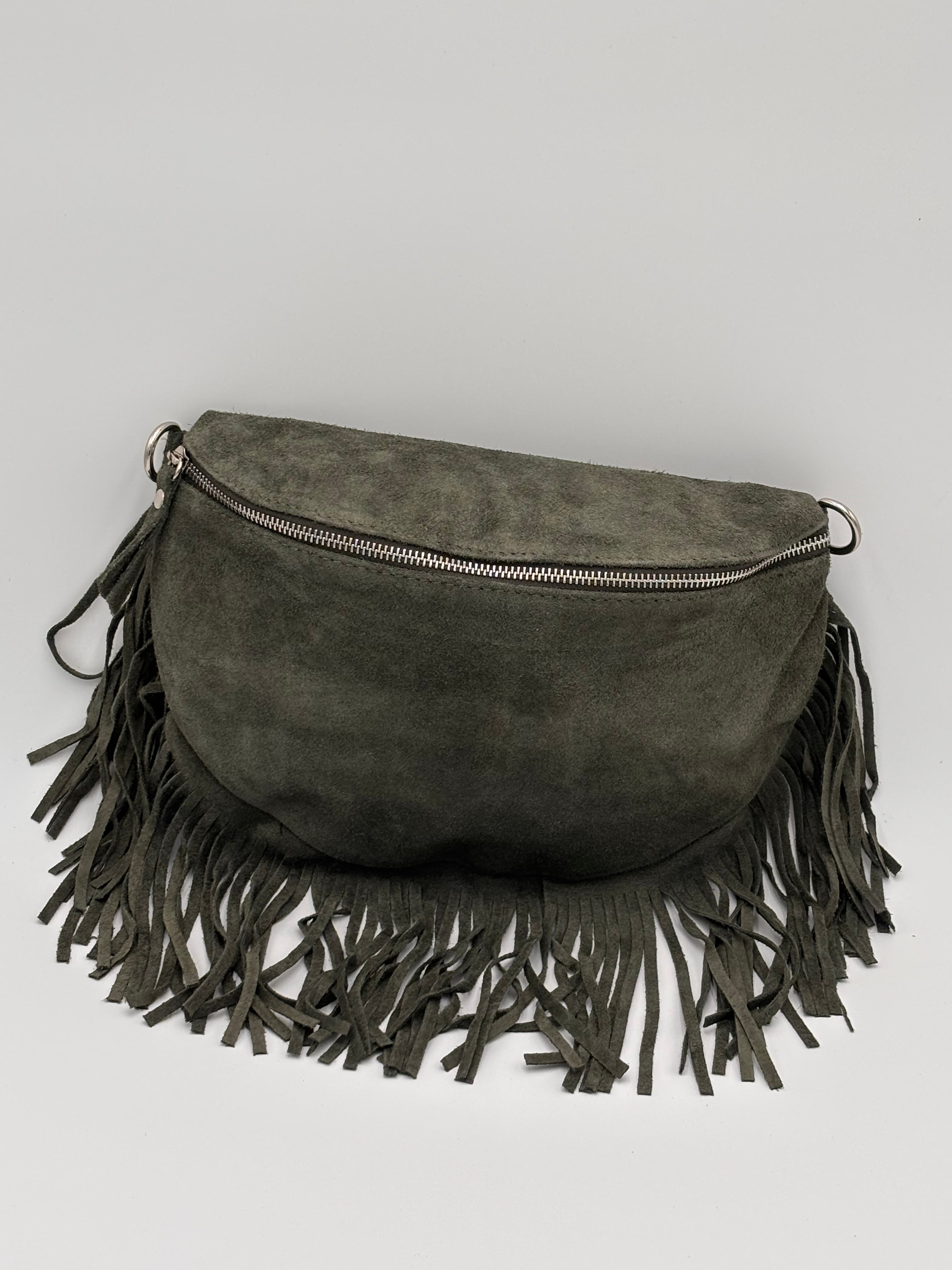 Bolsa de cintura e ombro em camurça verde seco