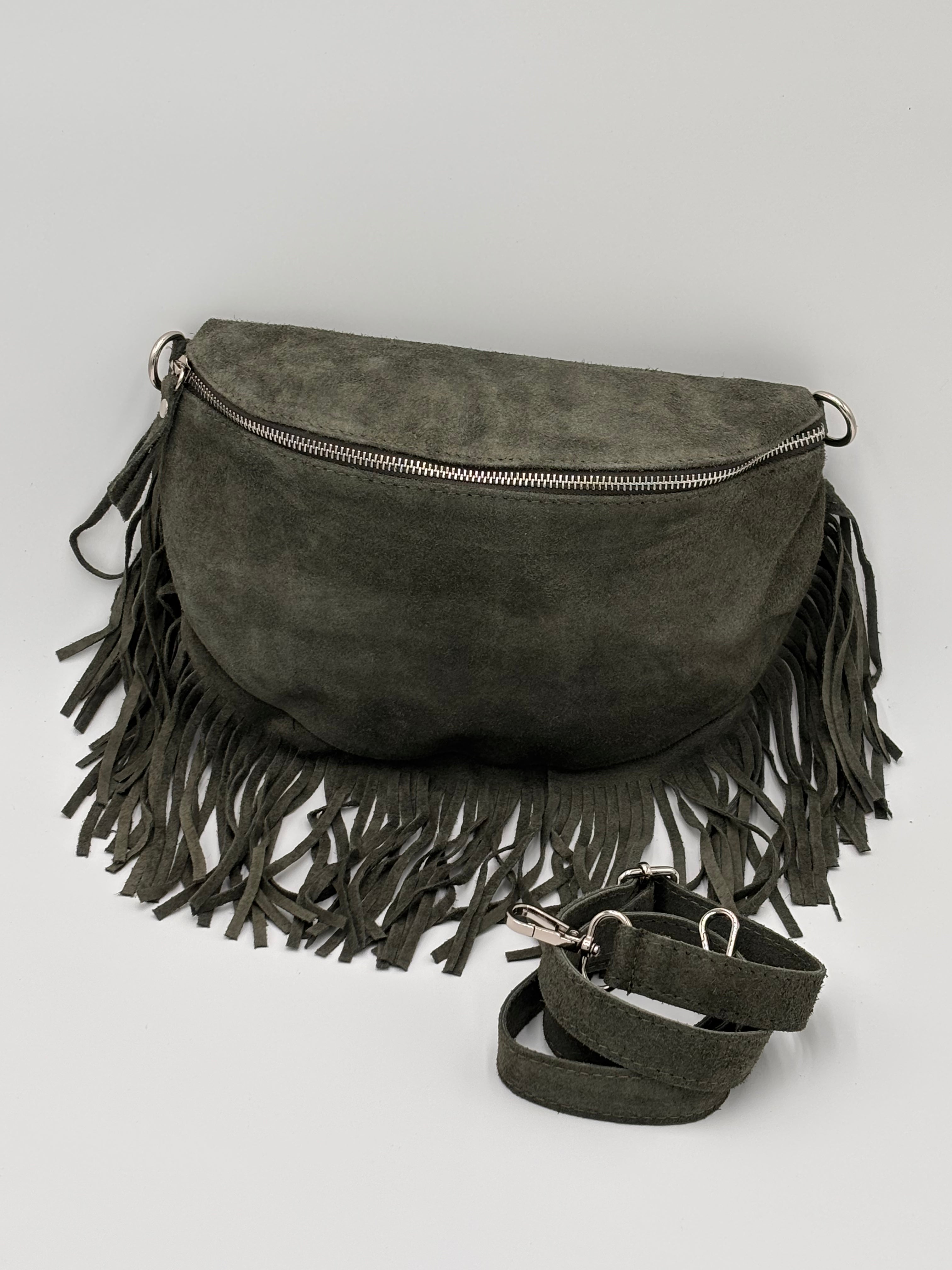 Bolsa de cintura e ombro em camurça verde seco