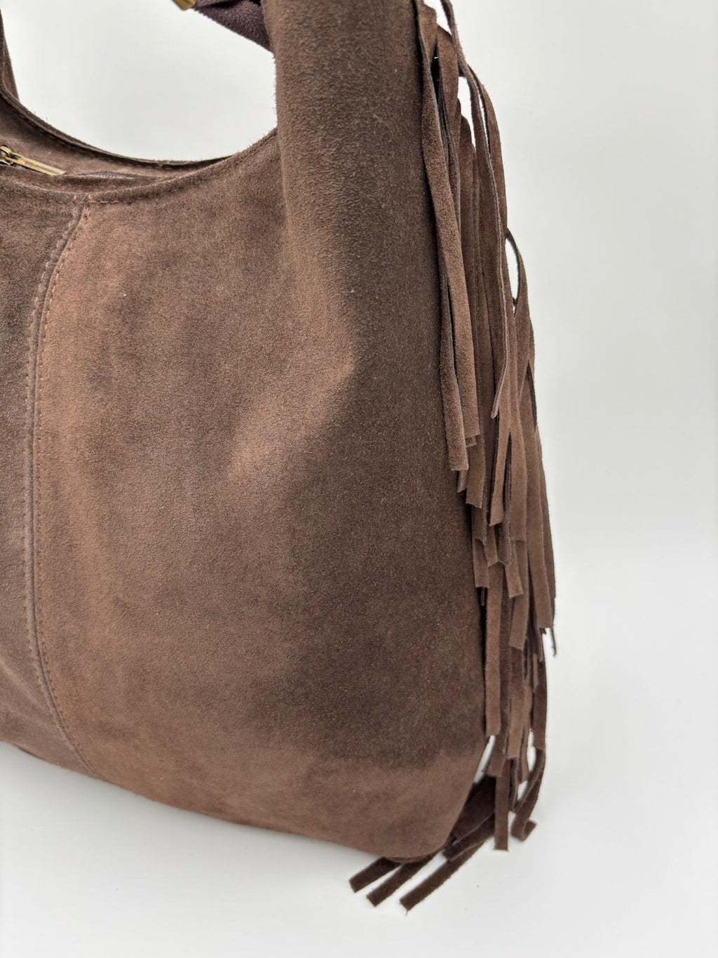 Saco Camurça Castanho Franjas Laterais