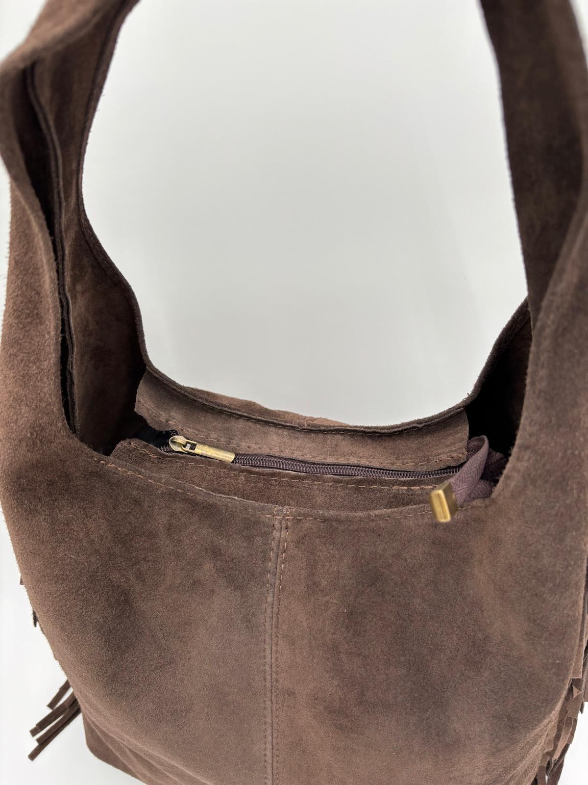 Saco Camurça Castanho Franjas Laterais