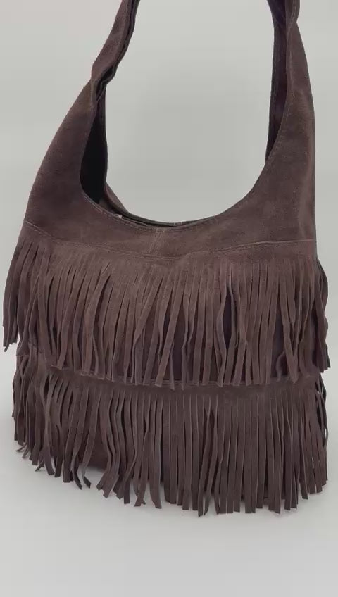 Saco Camurça Franjas Castanho Chocolate