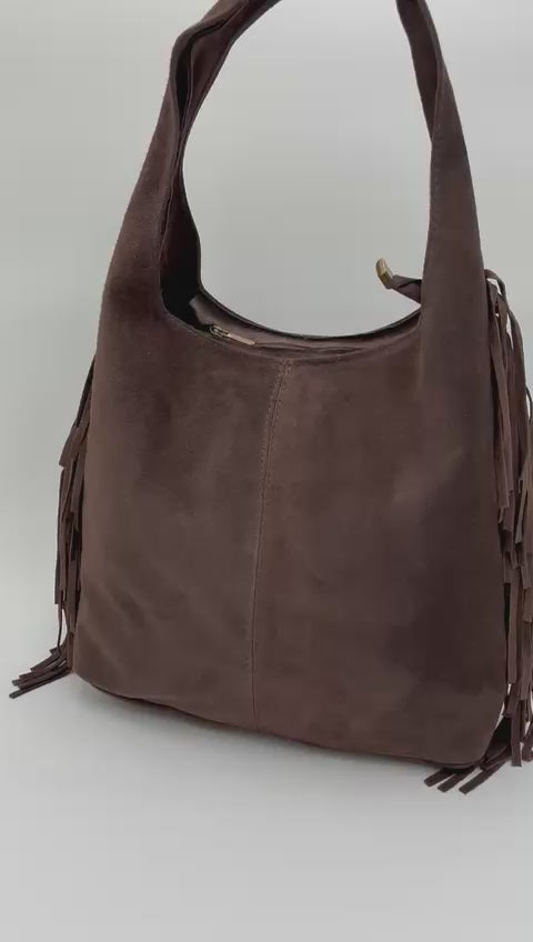 Saco Camurça Castanho Franjas Laterais