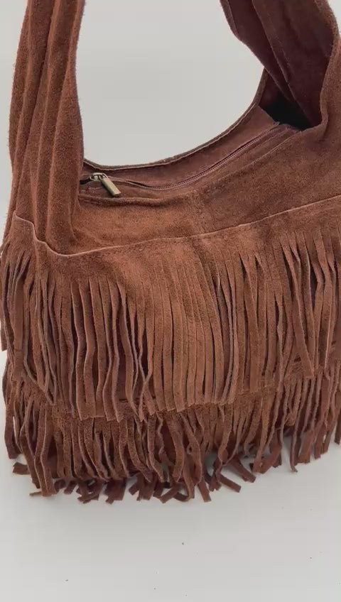 Saco Camurça Castanho Franjas